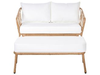 Beliani Divano Da Giardino 2 Posti Con Panca In Rattan Pe Struttura In Acciaio E Gambe In Metallo Cuscini Bianco Sporco Arredo Da Esterno Marrone Chiaro Follo