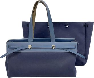 Herm&egrave;s Navy Toile H Tote Bag (Pre-Owned)