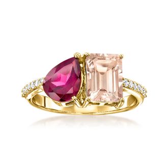 Ross-Simons Peach Morganite and Rhodolite Garnet Toi Et Moi Ring With. Diamonds in 14kt Yellow Gold