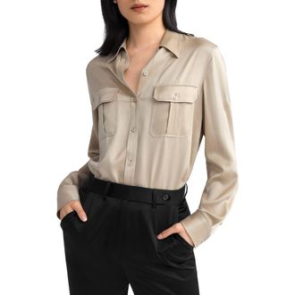 LilySilk Womens Sandwashed Silk Shirt With Epaulettes in Light Apricot at Nordstrom, Size Medium
