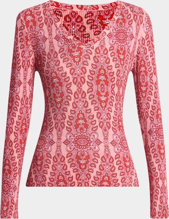 Etro Pink Medallion Ribbed V-Neck Sweater