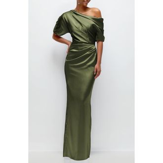 After Six Ruched One-Shoulder Satin Gown in Olive Green at Nordstrom, Size X-Small