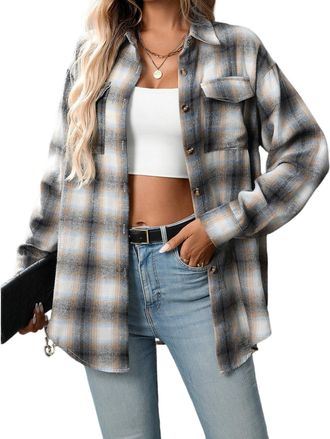 Generic Womens Plaid Shirts Casual Long Sleeve V-Neck Shirt Oversized Flannel Checked Blouse Button Down Fall Tops with Pocket,Grey,S