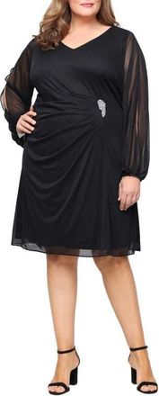 S.L. Fashions Metallic Illusion Long Sleeve Cocktail Dress in Black at Nordstrom, Size 18W