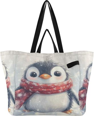 Generic Penguin Winter Snow White pattern Reusable Canvas Tote Bag, Heavy Duty Grocery Shopping Bag with Double Handles Large Capacity Hard Bottom Work Grocer