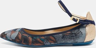 Loriblu Multicolor Floral Print Denim And Glitter Ankle Strap Ballet Flats