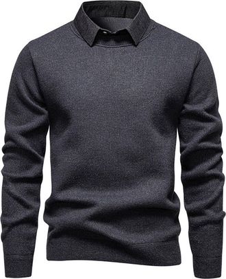 Generic Mens Jumpers 2 in 1 Shirts, Sweatshirts for Men Turn-Down Collar Knitted Jumper Autumn Winter Warm Basic Sweater Slim Fit Pullover Long Sleeve Knit To