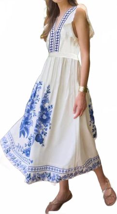 Moon River Floral Border Midi Dress In White/ Blue