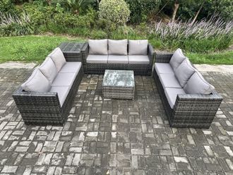 Fimous Rattan Garden Furniture Set 9 Seater Patio Outdoor Lounge Sofa Set with Side Table Square Coffee Table Dark Grey Mixed