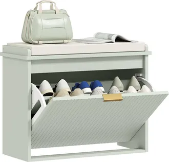 HOMCOM Shoe Storage Bench With Cushion And Flip-Drawer 62x26x47.5cm - Green | TJ Hughes