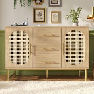 Merax Rattan Sideboard Storage Cabinet with 2 Doors 3 Drawers Metal Handles in Light Oak