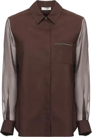 PANICALE Katoenen en zijden blouse - Dames - Overhemden - Bruin - XS - Katoen - Overhemden