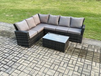 Fimous 6 Seater High Back Rattan Garden Furniture Set Corner Sofa With Rectangular Coffee Table in Dark Grey