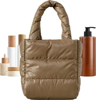 Generic Puffer Tote Bag, Small Down Tote Bag, Chic Soft Padded Down Tote, Lightweight Nylon Bag, Pillow Shopper Bag for Work Travel Gym Shop, Khaki, Refer to 