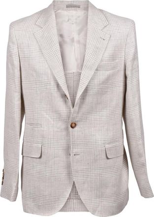 Brunello Cucinelli Light Plaid Linen Wool Suit, Brand Size 48 (US Size 38)
