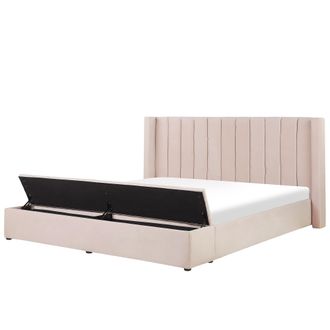 Beliani Cama Con Somier De Terciopelo Rosa Pastel 180 X 200 Cm Reposacabezas Banco Noyers