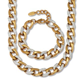 Palm Beach Jewelry Round Crystal Gold Ion-Plated Stainless Steel Link Necklace Set 18 to 20-inch