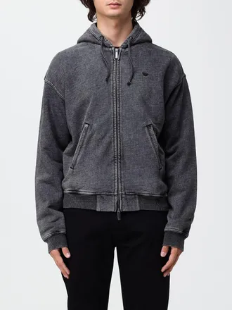 Emporio Armani Felpa in cotone con cappuccio, zip e logo ricamato