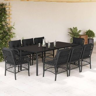 vidaXL Set De Comedor De Jard&iacute;n 9 Pzas Y Cojines Rat&aacute;n Sint&eacute;tico Negro Vidaxl