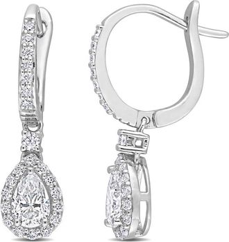 Amour 1 3/8 CT DEW Created Moissanite Teardrop Halo Drop Earrings In Sterling Silver