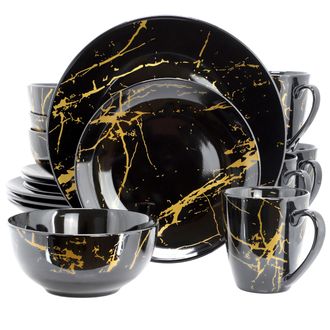 Elama Fine Marble 16 Piece Porcelain Dinnerware Set in Black with Gold Veining