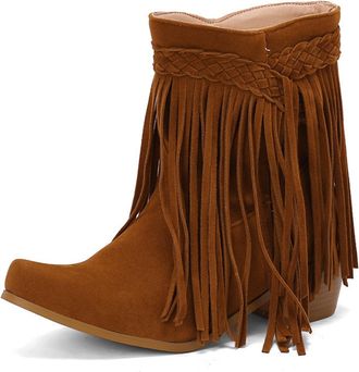 Generic Womens Bohemian Pointed Toe Faux Suede Ankle Boots Tassel Design Braided Detail Comfortable Anti-Slip Wear-Resistant for Casual Party Daily Outings,Ye