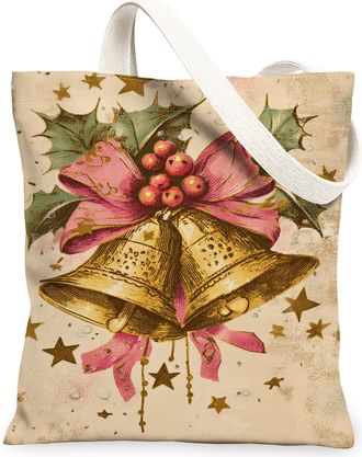 Generic Christmas Vintage Bells Canvas Tote Bags, Holiday Floral Design Reusable Grocery Bags, Lightweight Washable Shoulder Strap, Beige, 13x15 Inch