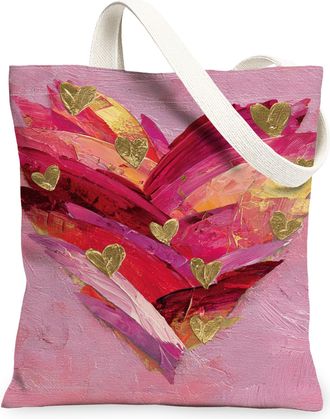 Generic Heart Pattern Canvas Tote Bags, Colorful Love Design Lightweight Reusable Shopping Bags, Summer Floral Chic Washable Should, Peach, 13x15 Inch