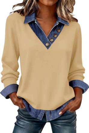 Generic Womens Sweatshirt, Ladies Jumpers Sweatshirts Long Sleeve Tops Women UK Trendy Denim Patchwork Tunics Blouse Going Out Slim Fit Pullover Shirts Dressy