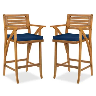 Best Choice Products Set of 2 Outdoor Acacia Wood Bar Stools Bar Chairs w/ Weather-Resistant Cushions
