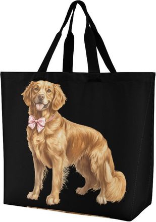 Generic Retriever Dog with Bow Tie Tote Bag Reusable Grocery Shopping Bags Large Travel One Shoulder Handbag for Picnic Work