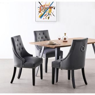 Life Interiors Life Interiors - Juego De Comedor Rocco Lux Windsor: Una Mesa De Comedor De Madera De Roble Y Un Juego De 4 Sillas De Comedor De Terciopelo Gris Claro