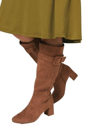 Wallis Hawthorn Faux Suede Covered Buckle Detail Square Toe Medium Block Heel Knee Boots, 5, Taupe