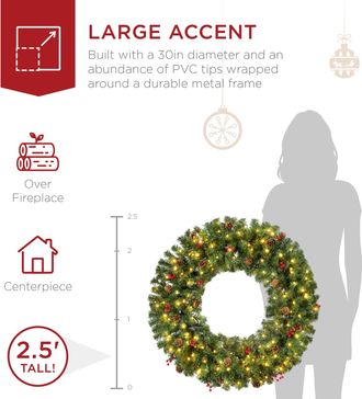 Best Choice Products Pre-Lit Christmas Wreath w/Berries & Pinecones, Large Artificial Indoor/Outdoor D&eacute;cor, Plug-in