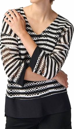 Joseph Ribkoff Striped Holey Knit High-Low Top In Black/white