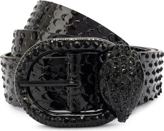 Kurt Geiger Mayfair Crystal Eagle Head Snake Print Leather Belt in Black at Nordstrom, Size Small