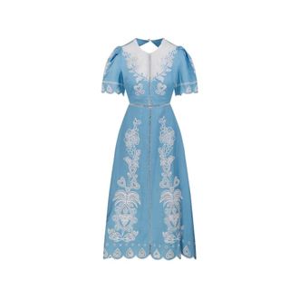 Farm Rio FARM Rio, Midi Dresses, female, Blue, Size: XS Embroidered A-line Midi Dress