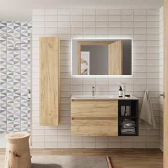 Cygnus Bath Salgar - Mueble Ba&ntilde;o Bequia 100 Cm Roble Y Coqueta Derecha Negro Con Lavabo