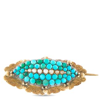 Luxury Bazaar Antique Victorian 14K Yellow Gold Turquoise and Pearl Brooch MF03-092226