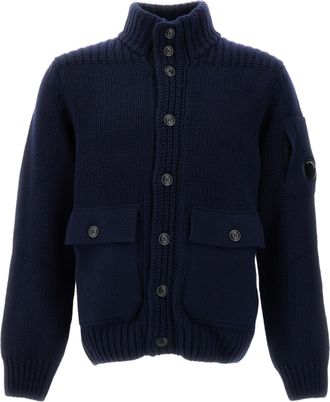 C.P. Company Blue Lambswool Lens High-Collar Cardigan