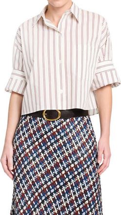 TWP Next Stripe Cotton & Silk Button-Up Shirt in White /Wine at Nordstrom, Size X-Small