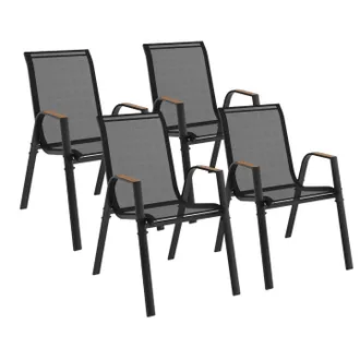 IDMarket Set Di 4 Sedie Da Giardino Impilabili Noumea In Metallo E Textilene, Nero E Legno