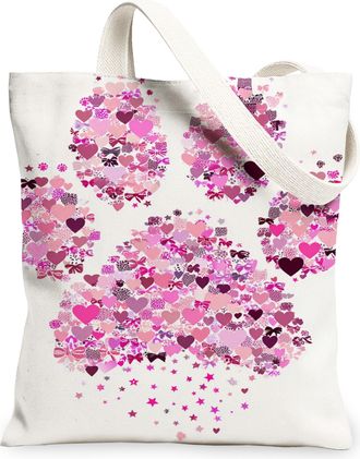 Generic Heart Pattern Canvas Tote Bags, Floral Design Lightweight Washable Grocery Bags, Spring Summer Chic Shoulder Strap Canvas F, White, 13x15 Inch