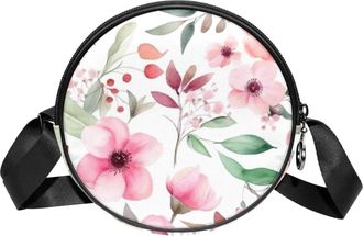 Generic Circle Crossbody Bag for Women, Floral Leaves Small Sling Bag Daypack with Zipper Adjustable Shoulder Straps Casual Ladies Girls Round Purse