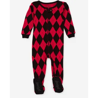 Leveret Footed Cotton Pajamas Matching Family Coordinated Holiday Prints in Red/black Argyle at Nordstrom, Size 0-3M