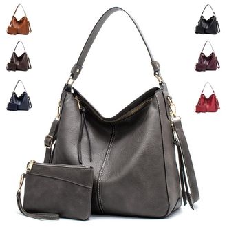 Generic Vintage PU Vegan Leather Handbags and Purse Sets for Women Fashion Tote Hobo Bags Shoulder Satchel Handbag Zip Wallet, B-grey