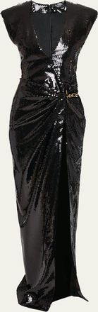 Balmain Plunging Sequined Chain Draped Wrap Gown