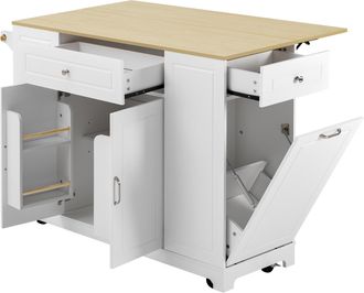 STILVORA Carro De Cocina Con Encimera Abatible, Enchufes Y Compartimento Para Residuos, Mdf, Blanco Y Natural, 131,8 X 40-70 X 93,3 Cm
