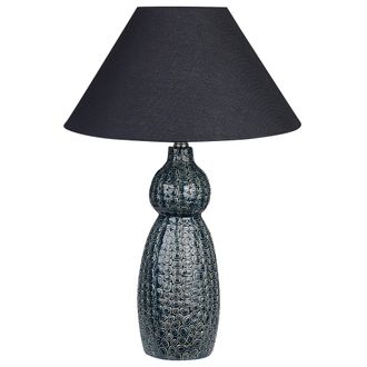 Beliani L&aacute;mpara De Mesa De Cer&aacute;mica Azul Oscuro Negro 60 Cm Pantalla De Tela Matina