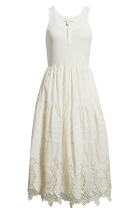 Treasure & Bond Embroidered Mixed Media Henley Tank Dress in Ivory Egret at Nordstrom, Size Xx-Large